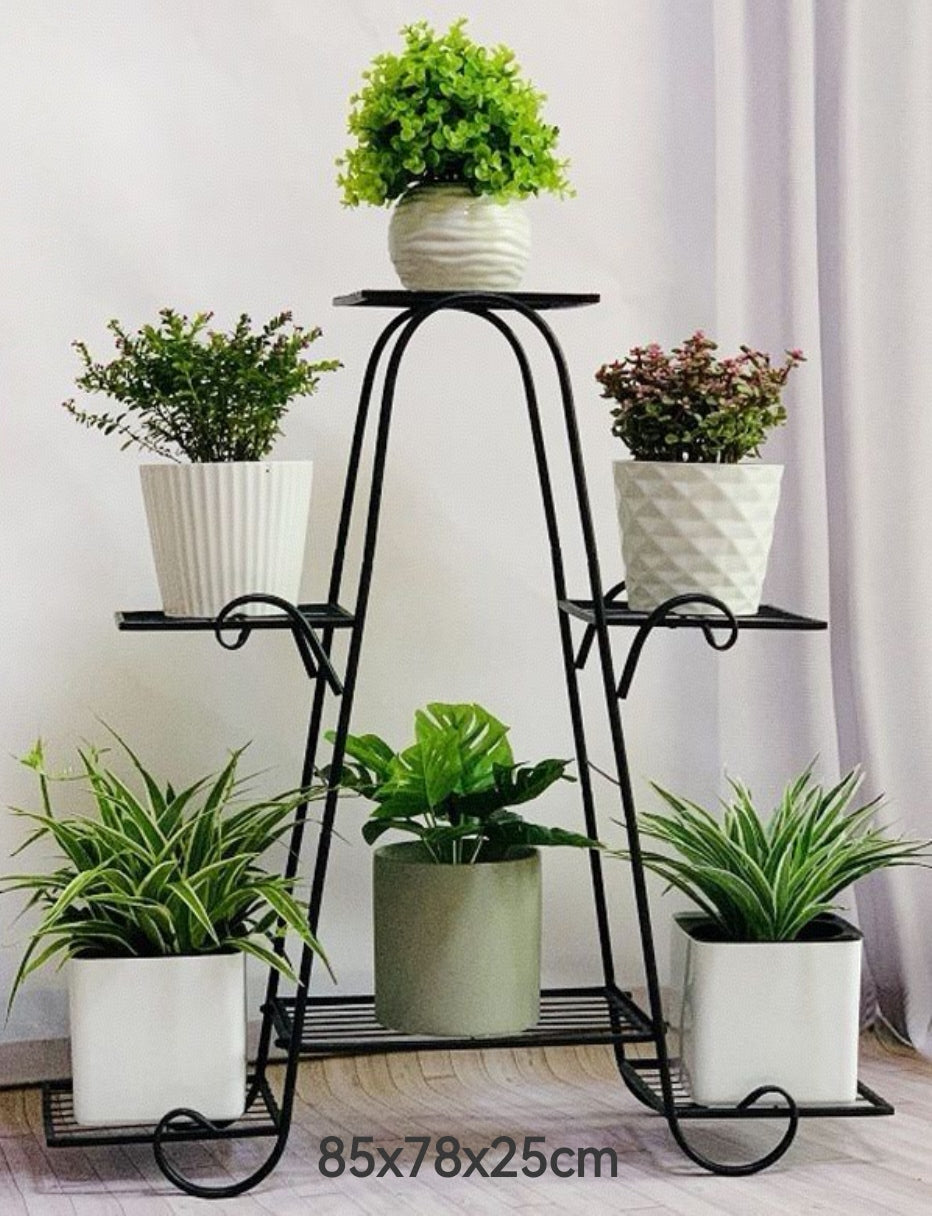 A black plant stand with six trays, each holding a potted plant, displayed against a white background.