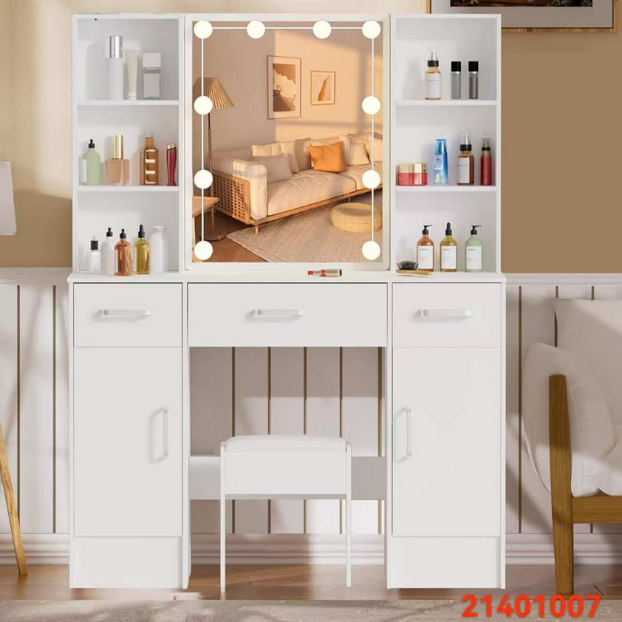 Elegant dressing table with a mirror, organized makeup essentials, and a sleek design, ideal as a vanity table or makeup table for your bedroom