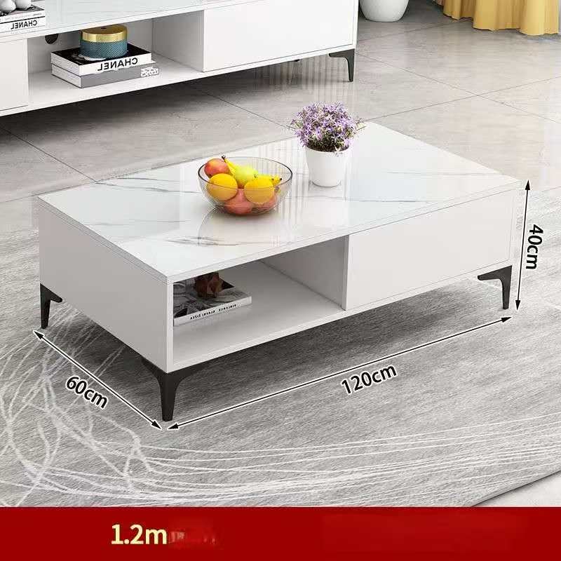 White marble coffee table with dimensions labeled on a gray floor.