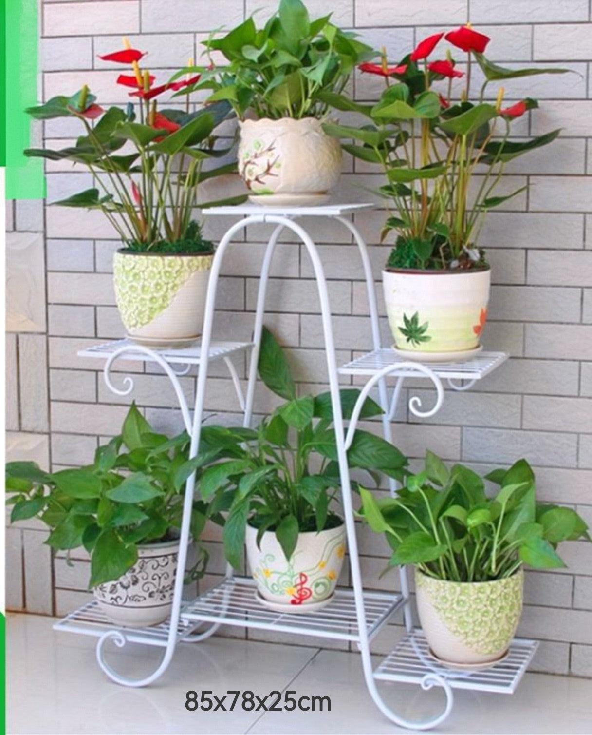 A white plant stand with six trays, each holding a potted plant, displayed against a white background.