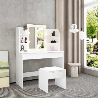 A large white dressing table with LED light, accompanied by a matching stool, positioned in a room with natural lighting.