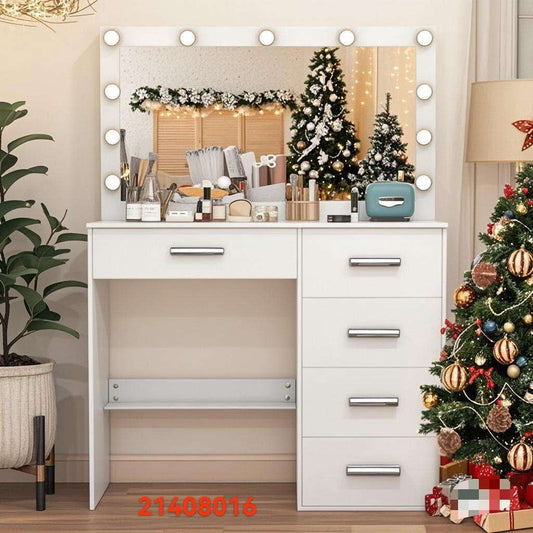 A white dressing table with a mirror and LED lights, accompanied by a stool, placed in a room with Christmas decorations