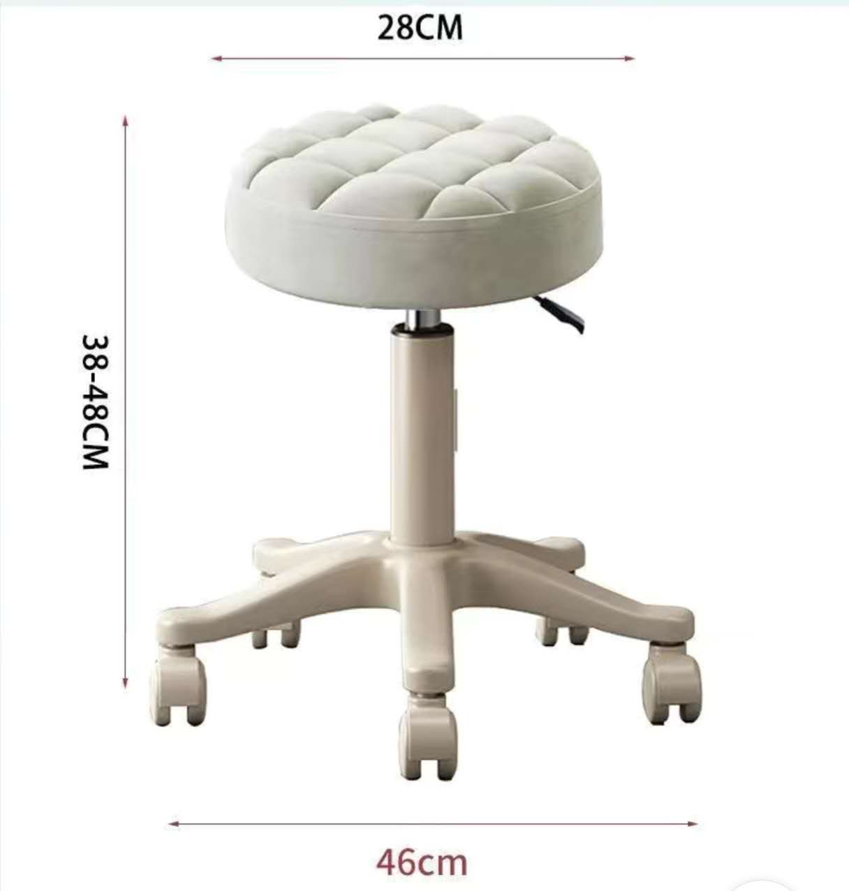 Height-adjustable round stool with a white cushion and beige metal base, featuring wheels and a swivel function.