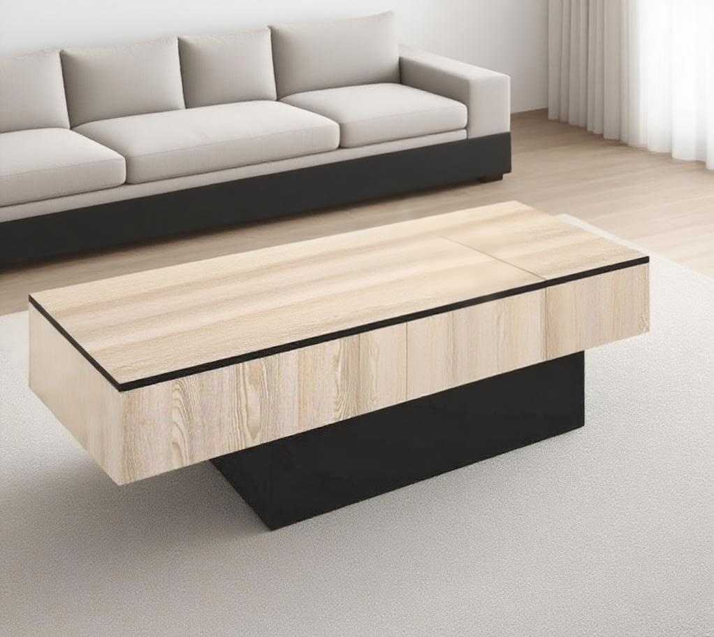 Modern coffee table with wooden top and black base in a living room setting