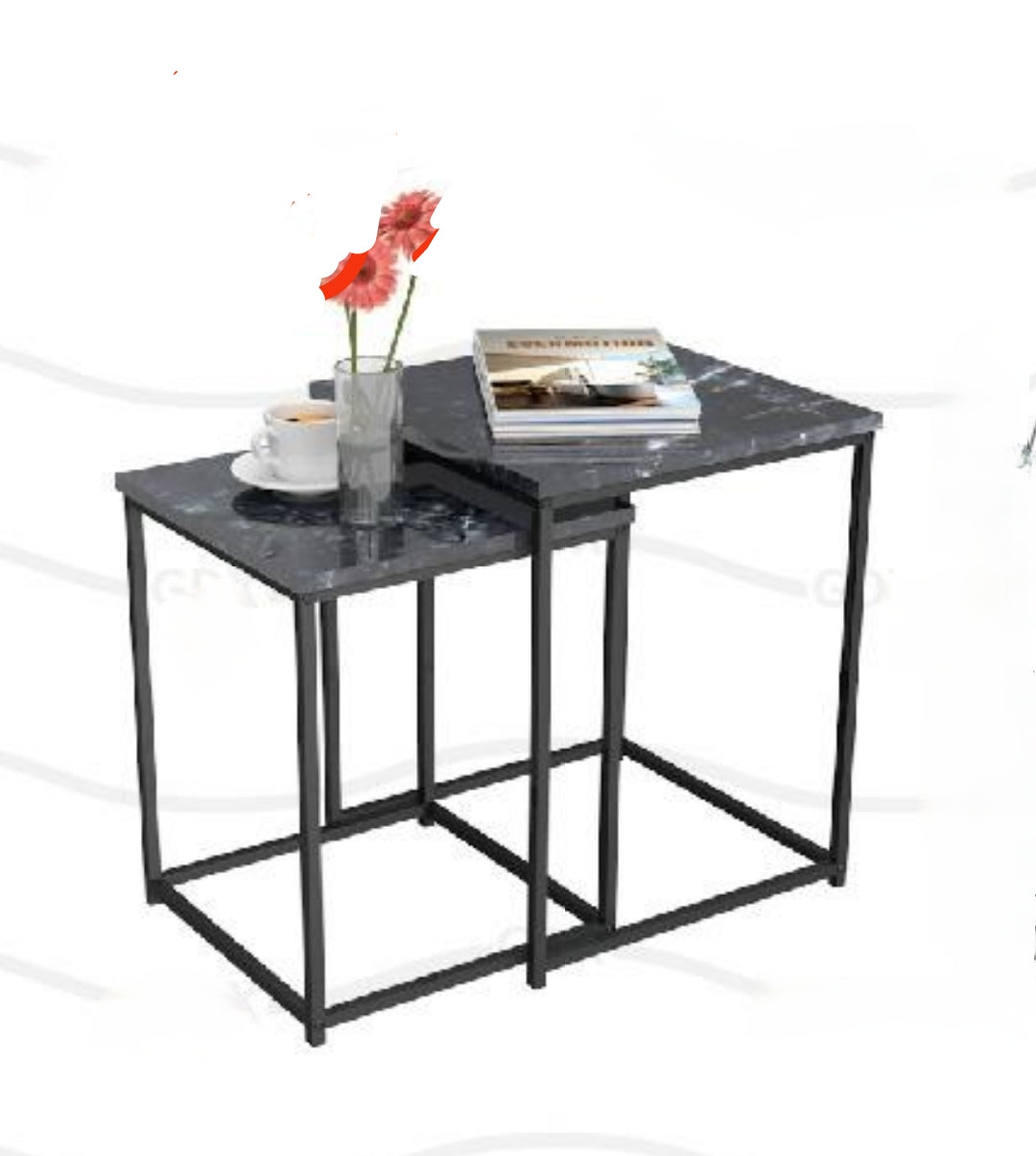 A black rectangular coffee table with a steel frame, featuring a flat pack assembly needed label, with a glass cup and a red flower on top.