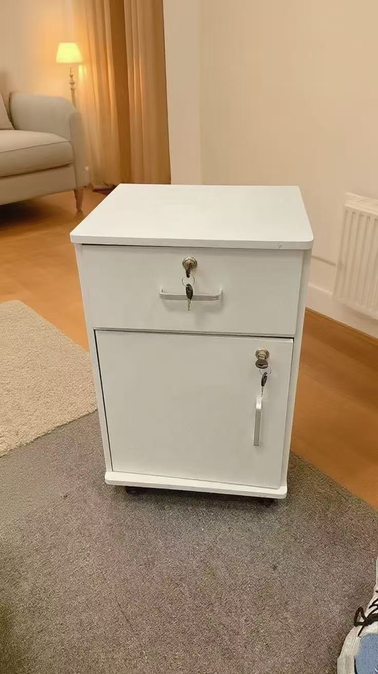 Bedside table ,Storage Cabinet , drawers , White with Wheels