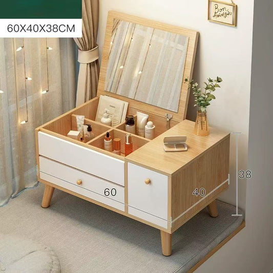 A wooden and white dressing table with an LED mirror, three adjustable lighting modes, and various items placed on its top and shelves, such as bottles and a phone.