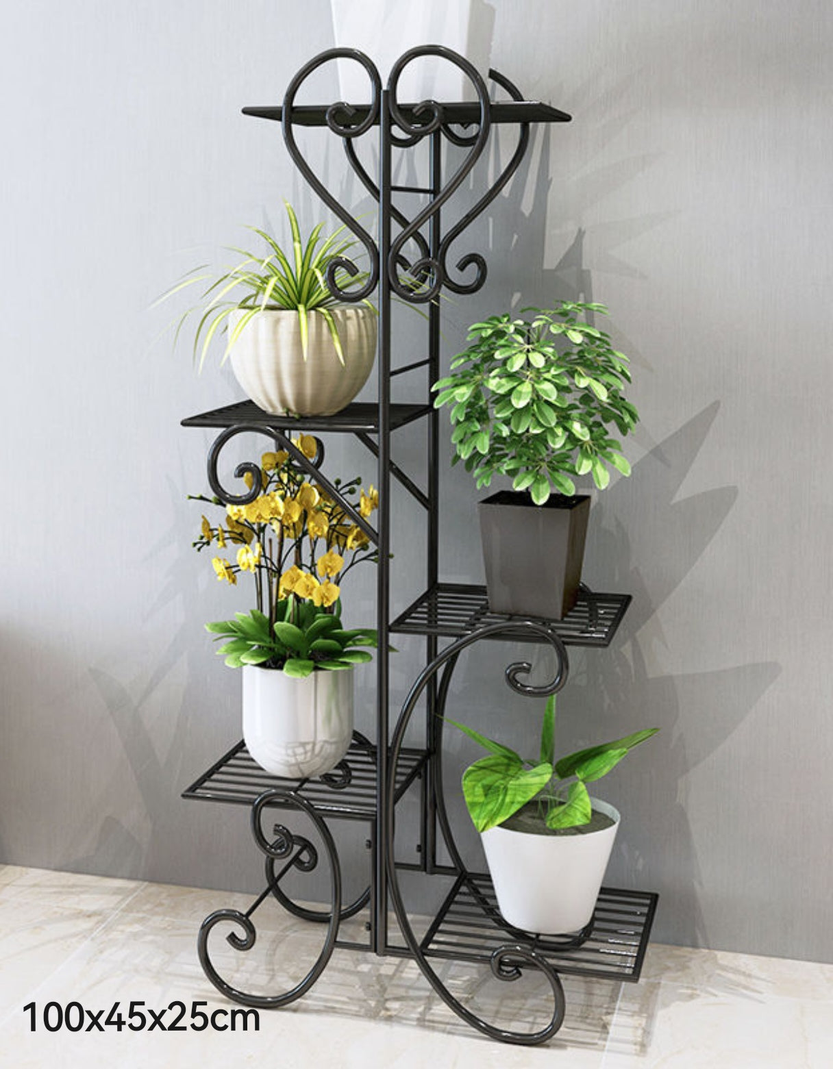 plant stand or flower stand in black and white colors, with several pots on it, displayed against a gray background.