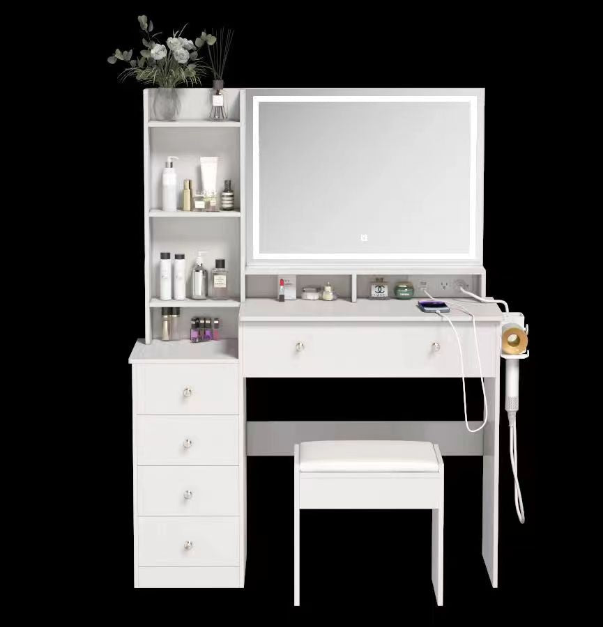 A white dressing table with LED light mirror, drawers, and a stool. The room it's in is not fully visible well-lit space.