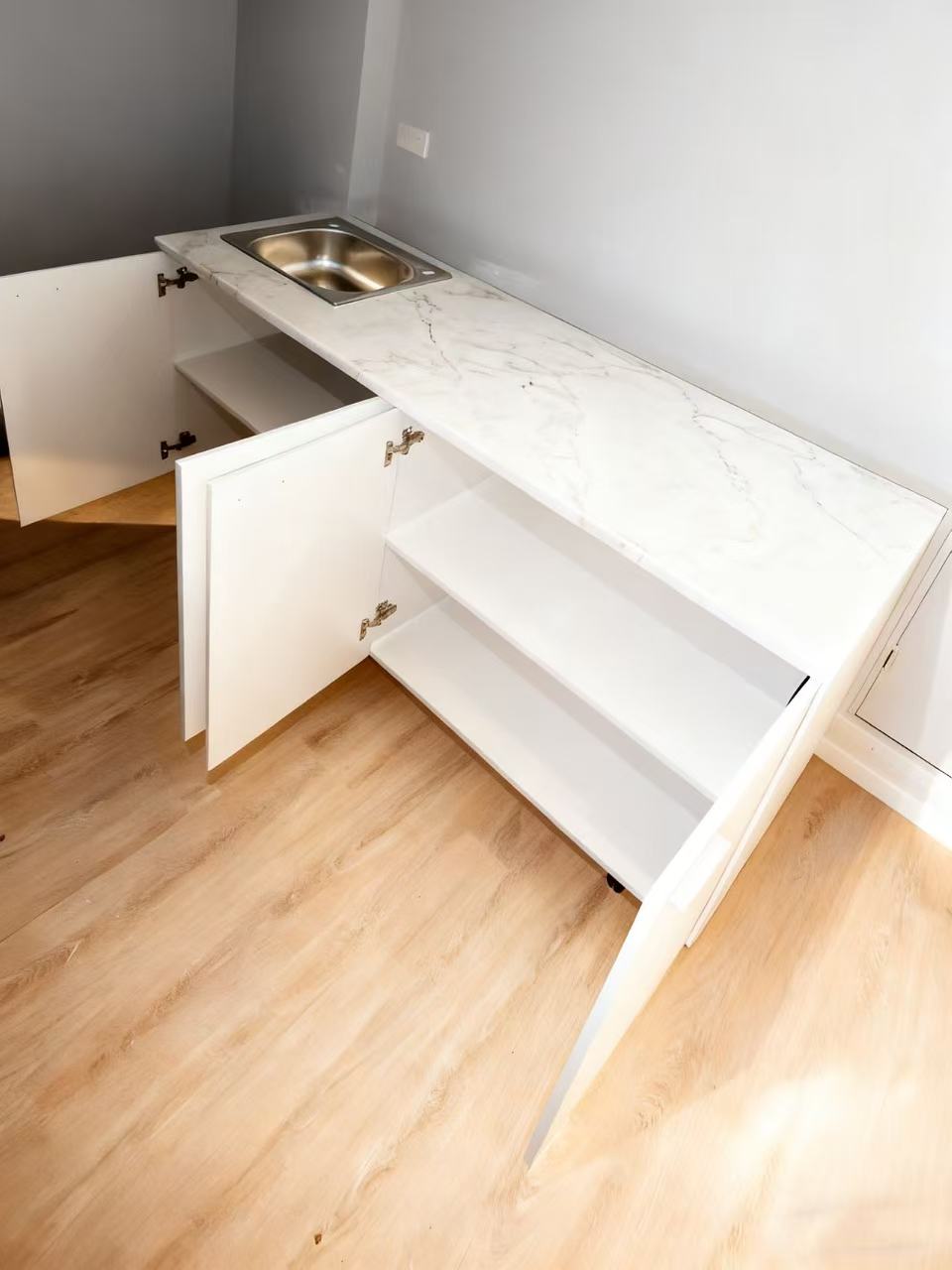 Brand New Kitchen Cabinet Marble Design Top with Sink