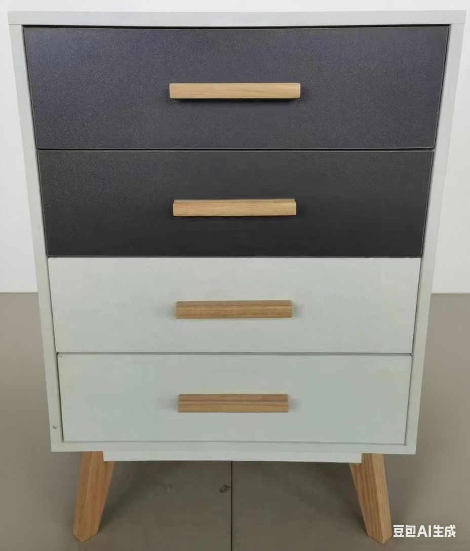 Three-drawer dresser with wooden handles on a plain background