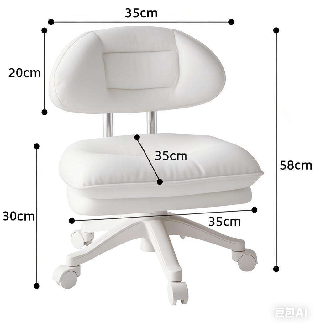 A white, swivel makeup chair with an adjustable backrest, shown from a side angle with dimensions labeled for reference.