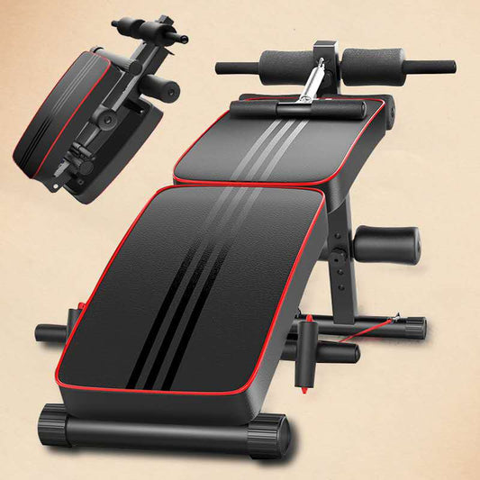 A curved multifunctional exercise bench with black padding, red accents, and adjustable positions for different workouts. The bench is designed for use on a neutral to incline angle for various exercises.